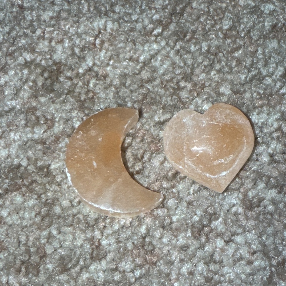 Moon + Heart Carved selenite crystal Set in orange